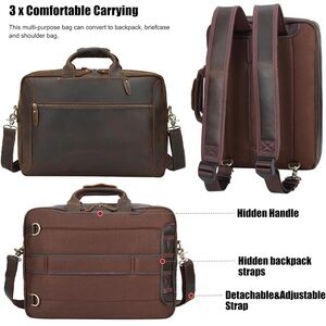 Tiding Brown Leather Messenger Business Bag Convertible Backpack Travel 17X13”